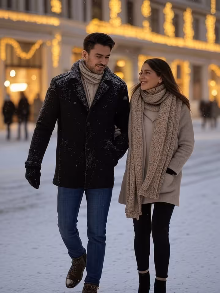 Elegantes Paar beim winterlichen Spaziergang durch die beleuchtete Wiener Innenstadt zu Weihnachten
