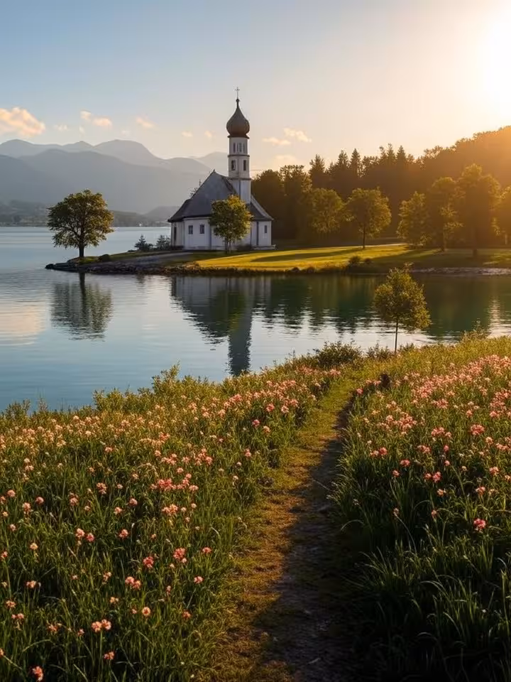 Península de Maria Wörth con iglesia en el lago Wörthersee bajo la dorada luz del atardecer
