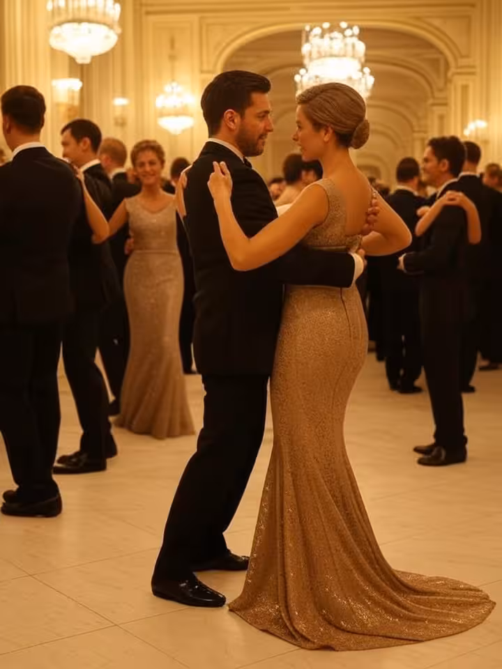 Elegante salón de baile en Viena durante la temporada de bailes con parejas bailando vestidas de noche.