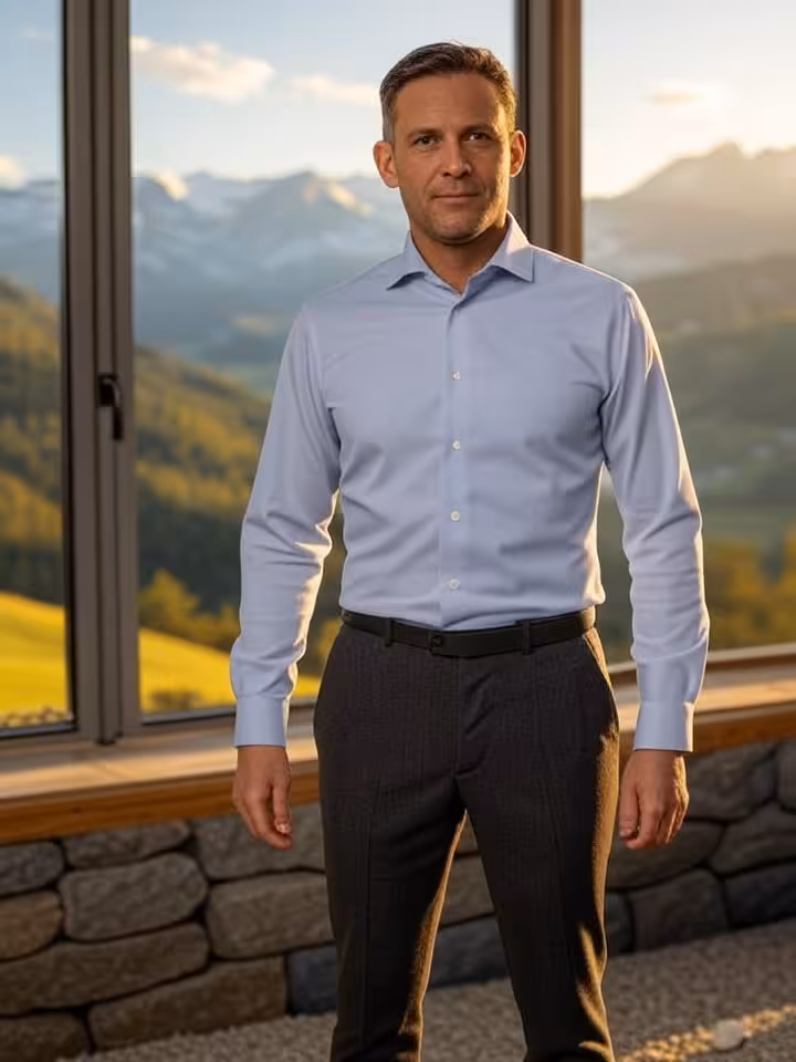 Österreichischer Geschäftsmann mit Blick auf Berglandschaft