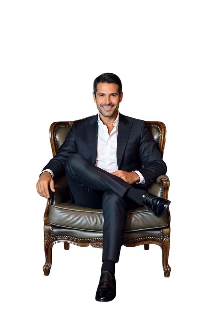 Eleganter reifer Mann, typischer Sugar Daddy, sitzt lächelnd im Sessel.